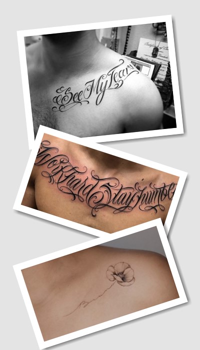 стиль тату на ключиці написи