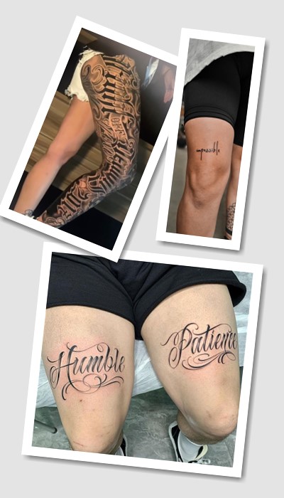 тату на стегні написи