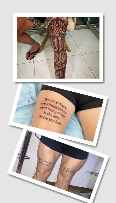 стиль татуювання на стегні написи 